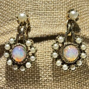 Vintage Sarah Coventry Clip-On Earrings Faux Opal Pearl Gold Filigree Signed